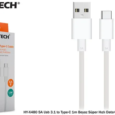 Hytech HY-X480 5A Usb 3.1 to Type-C 1m Beyaz Süper Hızlı Data+Şarj Kablosu