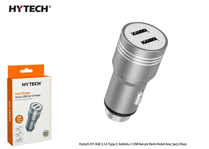 Hytech HY-X68T 3.1A Type-C Kablolu 2 USB Karışık Renk Metal Araç Şarj Cihazı - Görsel 3