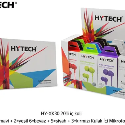 Hytech HY-XK30 20’li iç koli + 2*mor + 2*mavi + 2*yeşil 6*beyaz + 5*siyah + 3*kırmızı Kulak İçi Mikrofonlu Kulaklık