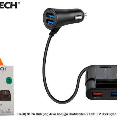 Hytech HY-XQ70 Arka Koltuğa Uzatılabilen 7A Hızlı Şarj 2 USB + 2 USB Siyah Araç Şarj Cihazı