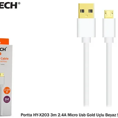 Hytech Portta HY-X203 3m 2.4A Micro Usb Gold Uçlu Beyaz Şarj Kablosu