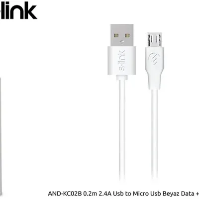 S-link AND-KC02B 0.2m 2.4A Usb to Micro Usb Beyaz Data + Sarj Kablosu