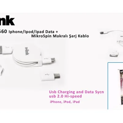 S-link IP-560 Iphone/Ipod/Ipad Data + Mikro5pin Makralı Şarj Kablo Şarj Aleti
