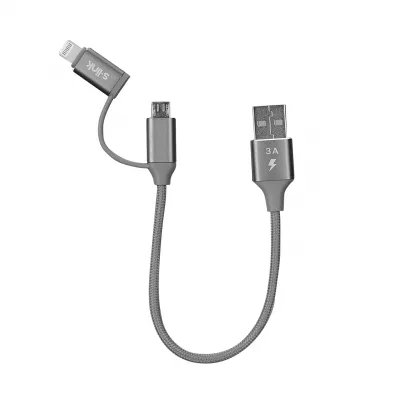 S-link SW-C220 15cm USB Micro/İPhone Kılıflı Metal Gri 2 in 1 Flat Cable